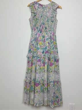 banjanan peony long sleeve fit & flare dress Banjanan Smocked Tiered Maxi Dress In Pink Meadow Floral Print For Women